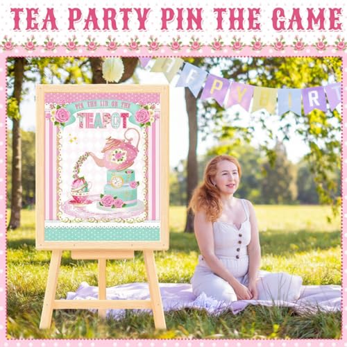 Faccito Tea Party Games Pin The Lid on The Teapot with 24 Lid Stickers Pink Blindfold Floral Poster Pin Games Set Birthday Decorations for Women Let's Par Tea Birthday Party Activity Supplies - style: Tea
