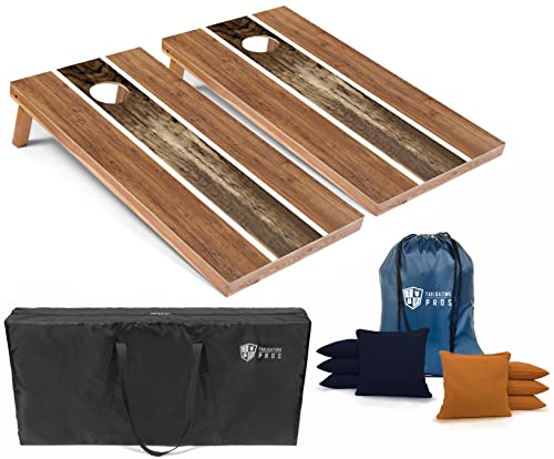 Tailgating Pros Cornhole Boards - 4'x2' Wood Pattern Cornhole Game w/Built-in Multicolored LEDs, Carrying Case, & Set of 8 Corn Hole Bean Bags w/Tote - color: 4'x2' Dual Striped