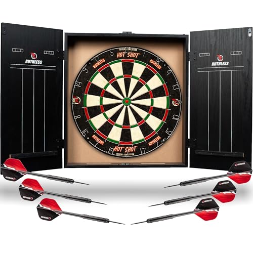 Ruthless Home Darts Centre with or Without LED Light Options | Home Dart Board Centre Including Cabinet, Dartboard and 2 Sets of Darts. - style: Black