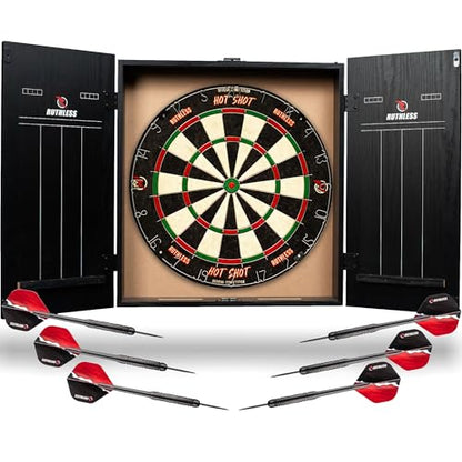 Ruthless Home Darts Centre with or Without LED Light Options | Home Dart Board Centre Including Cabinet, Dartboard and 2 Sets of Darts. - style: Black