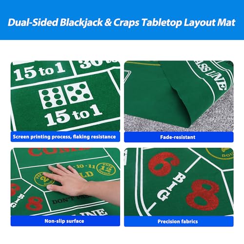 GSE Games & Sports Expert 36" x 72" Double-Sided Casino Layout Felt, Las Vegas Style Tabletop Mat for Parties, Home Entertainment, Poker Game Night - style: Blackjack&Craps