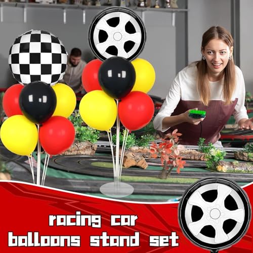Race Car Party Balloons Stand Kit 2 Sets With 2 Checkered Foil Balloon Racing car Party Balloon Red Black Yellow Race Car Birthday Party Decor Set For Boys Let's go Racing New Year Party Decorations - style: Race Car
