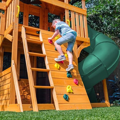 KidKraft Buffalo Crossing Wooden Outdoor Swing Set with Tube Slide | Two-Story Playhouse, Rock Wall, Glider, Faux Stone Facade, Planter Boxes