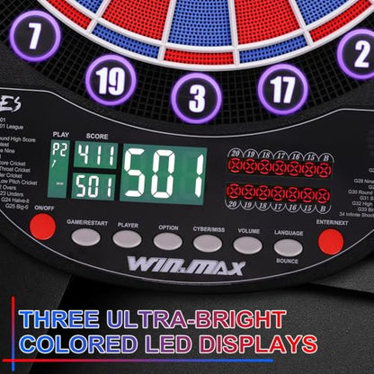 WIN.MAX Electronic Dart Board Soft Tip Dartboard Set LED Displays 3 Languages with 12 Darts 100 Tips Power Adapter - color: RED/BLUE WITH LIGHTS 2026