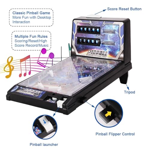 Mini Pinball Machine with LED Lights and Digital Scorekeeper - Portable Desktop Arcade Game for Kids Adults, Fun Office Desk Toy and Party Favor