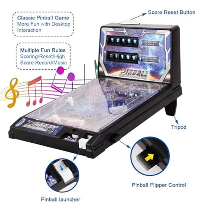 Mini Pinball Machine with LED Lights and Digital Scorekeeper - Portable Desktop Arcade Game for Kids Adults, Fun Office Desk Toy and Party Favor