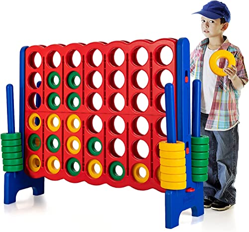 HONEY JOY Jumbo 4-to-Score Giant Game Set, Giant Outdoor Yard Games for Family, 42 Jumbo Rings & Quick-Release Slider, 3.5FT Tall Giant 4-in-A-Row for Kids & Adults - color: Blue