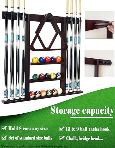 Wall Mount Pool Cue Stick Holder Hold 8 Cues, Pool Stick Holder, Billiard Cue Rack For Pool Table Accessories. Pool Table Stick Holder Made Of 100% Solid Wood (Mahogany) - color: Mahogany