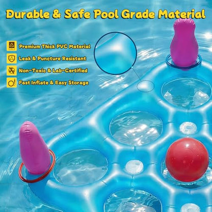 2 in 1 Pool Toys Games Set Inflatable Pool Float with 10 Balls & 8 Rings Tic-Tac-Toe Pool Games, Fun Summer Party Beach Outdoor Yard Game - color: Blue