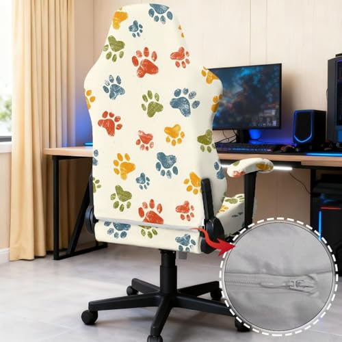 Suobstales Colorful Dog Paw Pattern Gaming Chair Covers Slipcovers, Stretch Removable Washable Computer Reclining Gaming Chair Protector Slipcovers with Armrest Cover (No Chairs) - color: Colorful Dog Paw