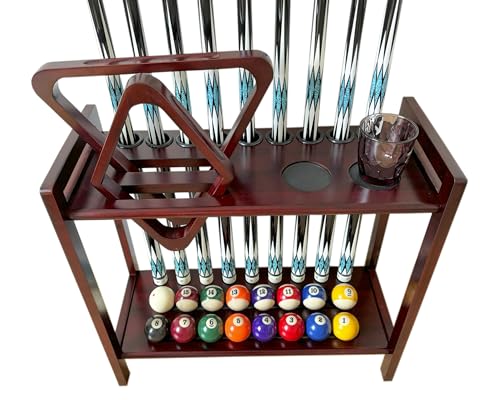 Pool Stick Holder Floor Stand Holds 9 Cues & Pool Table Accessories. Wooden 2-Tier Cue Stick Storage with Ball Rack Hangers, Billiard Cone Chalk Holder or Drink Pads - color: Mahogany