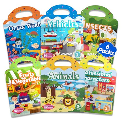 6 Sets Reusable Sticker Book for Kids, Puffy Jelly Stickers for Toddlers, Travel Essentials Craft Activities Toys for Boys Girls Birthday Gifts - color: 6 Sets - Animals/Vehicles/Insects/Ocean/Profession/Fruits & Vegetables