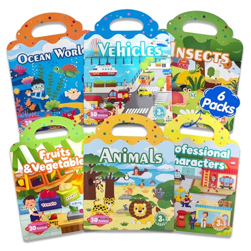 6 Sets Reusable Sticker Book for Kids, Puffy Jelly Stickers for Toddlers, Travel Essentials Craft Activities Toys for Boys Girls Birthday Gifts - color: 6 Sets - Animals/Vehicles/Insects/Ocean/Profession/Fruits & Vegetables