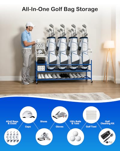 Golf Bag Storage Garage Organizer for 4 Bags, Golf Storage Rack with Wheels | 50% More Space Multi-Zone,All-In-One Compact 5-tier Heavy-Duty Rack,4 360° Casters,Movable Basket,Extra Bottom Storage,Gifts - size: 4 Golf Bag Rack丨60"(L)x15.8(W)"x44.6"(H)