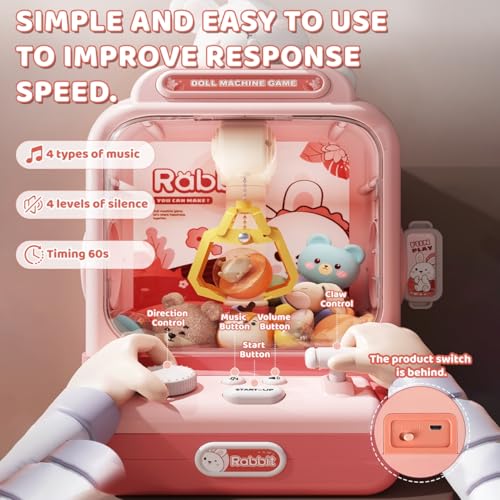 Rabbit Claw Machine - Mini Vending Machine with Lights and Music, Candy Machine Dispenser for Kid Ages 3+, Electronic Kids Claw Machine Game for Birthday Party Includes 10 Plush Toys - color: Pink