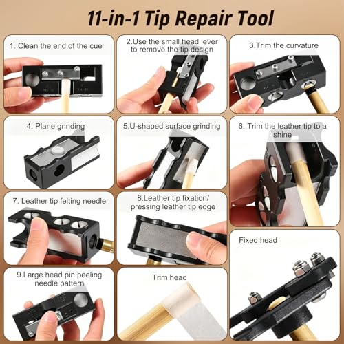 11-in-1 Pool Cue Tip Repair Kit, Pool Cue Tip Shaper Tool with Cutter, Pool Cue Tip Replacement Tool Set for Shaping, Trimming, Pricking & Cleaning Cue Tips, Billiards Accessories
