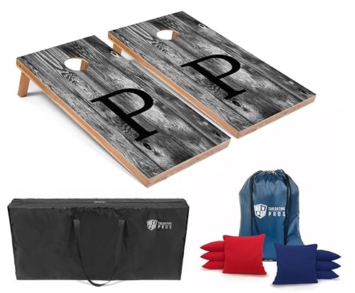 Tailgating Pros Monogrammed Grey Cornhole Boards - 4'x2' Lightweight Cornhole Game- Includes Carrying Case, Set of 8 Corn Hole Bags & Tote - color: P