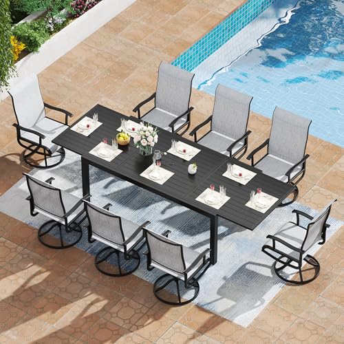 PIZZELLO 9 Pieces Patio Dining Set, 106" Extendable Aluminum Patio Dining Table w/Pcs Textilene Swivel Patio Chairs, All-Weather Outdoor Table and Chairs Sets for Backyard, Garden and Deck - size: 106"Table + 8 Swivel Chairs