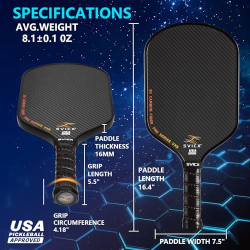Carbon Fiber Pickleball Paddle 16mm – Professional Pickleball Paddles with Superior Control, Power & Spin – Extended Handle for Two-Handed Grip, USAPA Approved - color: Black
