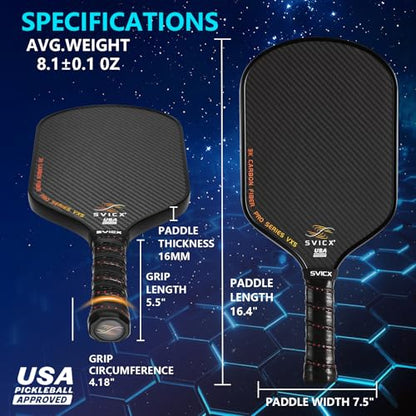 Carbon Fiber Pickleball Paddle 16mm – Professional Pickleball Paddles with Superior Control, Power & Spin – Extended Handle for Two-Handed Grip, USAPA Approved - color: Black
