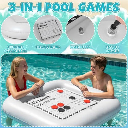 3-in-1 Pool Games Set Inflatable Giant Tic Tac Toe Checkers Board Game with 24 Chips 3.48Ft Double-Sided Foldable Float Water Toys Outdoor Play for Summer Swimming Pool Family Reunion Party