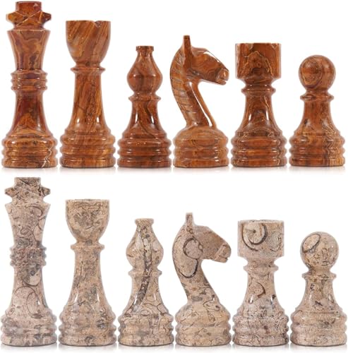 Radicaln Marble Chess Figures 3.5'' Inches Red and Coral Handmade Chess Set Figures for Travel Chess Set Chess Board Game for Adults | Natural Stone, Hand Polished, Premium Finish, 32 playing Pieces, Unique Veining, Timeless Design - color: ['Marble Red',