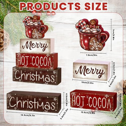DIYDEC 4Pcs Christmas Wooden Tabletop Decoration Hot Cocoa Wooden Block Signs Gift Rustic Xmas Tiered Tray Decor Merry Christmas Centerpiece Sign Farmhouse Winter Table Home Party Decor - style: Hot Cocoa