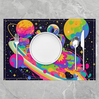 Colorful Astronaut Kids Placemats 12x18 Inch Set of 4 Rainbow Stripes Street Art Hippie Graffiti Table Mats for Boys Girls Teens Cartoon Stars Planets Kitchen Mats for Dining Table - color: Yellow Blue Pink Green
