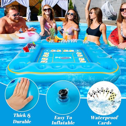 Elcoho 55 x 55 Inch Extra Large Inflatable Game Table with Waterproof Playing Cards Floating Pool Table Drink Holder Inflatable Ice Serving Tray Buffet Bar for Pool Summer Party, Light Blue - color: Light Blue