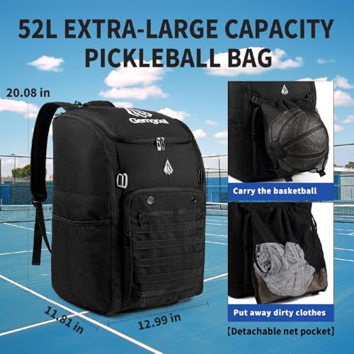 Pro 52L Pickleball Bag with Padded Paddle Protection Fits 6-10 Paddles,Ventilated Shoe Compartment,Wet Dry Separation,Hidden Ball Net,Designed for 2 Players Family and Couples - color: Black