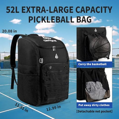 Pro 52L Pickleball Bag with Padded Paddle Protection Fits 6-10 Paddles,Ventilated Shoe Compartment,Wet Dry Separation,Hidden Ball Net,Designed for 2 Players Family and Couples - color: Black