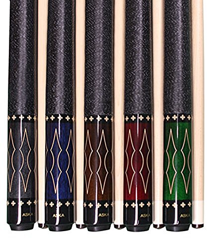 ASKA Set of 5 Pool Cue Sticks 58", 2-Piece Construction, 5/16x18 Joint, Hard Rock Canadian Maple, 13mm Hard Glued On Tip, Mixed Weights and Colors, Choice of Style - style: L22