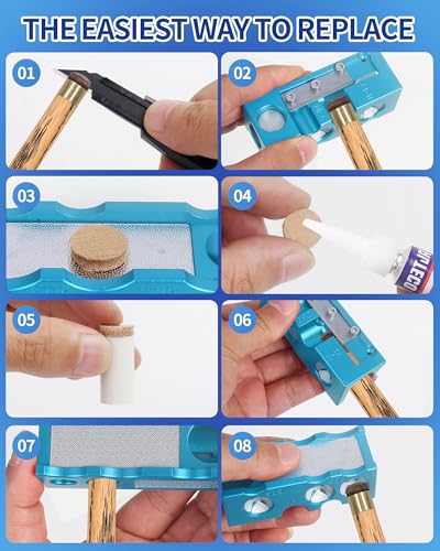 Vefungyan Pool Cue Tips Replacement Kit: 11 in1 Billiards Pool Cue Tip Repair Shaper Tool with 20pcs cue Tips 5 Chalk for Replacement - color: Metal Blue