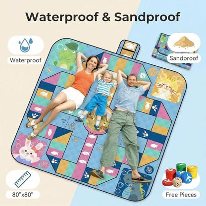 Flying Chess Picnic Blanket 80 x 80 Inch, Waterproof Beach Mat | Extra large outdoor blanket with game pieces for parks, camping, beach trips and family travel. - color: Style 1