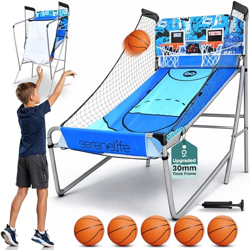 SereneLife Dual Shot Basketball Arcade Game with Electronic Scorer, 8 Game Modes, Indoor Outdoor 2 Player Basketball Shooting Game, Foldable Arcade Set with 5 Balls and Pump - style: Double Hoop, Heavy Duty