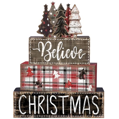 DIYDEC 4Pcs Christmas Table Decoration Christmas Tree Wooden Block Sign Xmas Tiered Tray Decor Winter Centerpiece Decorative Sign for Holiday Tabletop Coffee Fireplace Shelf Desk Party Decor - style: Black Tree