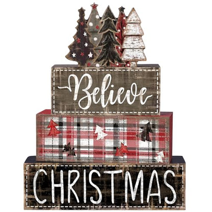 DIYDEC 4Pcs Christmas Table Decoration Christmas Tree Wooden Block Sign Xmas Tiered Tray Decor Winter Centerpiece Decorative Sign for Holiday Tabletop Coffee Fireplace Shelf Desk Party Decor - style: Black Tree