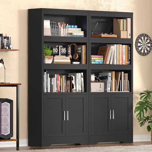 Book Shelf and Bookcase with Doors, 5-Tier Display Storage Cabinet with Adjustable Shelves, Open Compartments, Remote Control LED Lights, Tall cabinet for Bathroom Kitchen Living Room, Home Office - color: Black-01