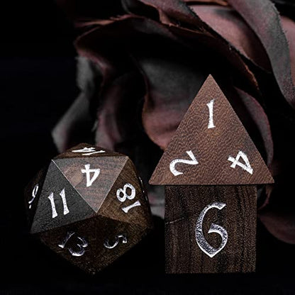 7PCS Wooden Polyhedral Dice Set, D&D Wood DND Dice Set with Metal Box for Role Playing Tabletop Games (Bubinga Wood) - color: Bubinga Wood