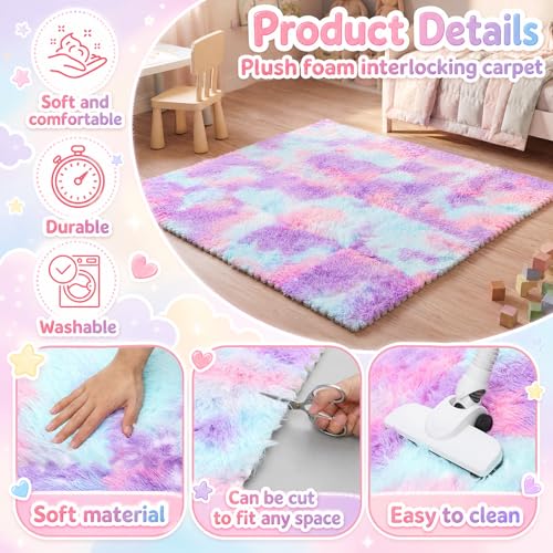 16 Pcs Blue Purple Faux Fur Floor Tiles, 11.8 x 11.8 in Puzzle Girls Play Soft Tiles, 1.5 Inch Shaggy Square, EVA Foam Floor Mat for Nursery, Playroom, Bedroom, Toddler Room, Daycare - color: Blue Purple