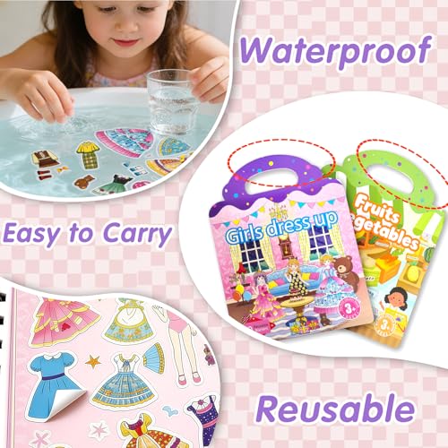 2 Sets Reusable Sticker Book for Kids, Puffy Jelly Stickers for Toddlers, Travel Essentials Craft Activities Toys for Girls Birthday Gifts - Princess, Fruits & Vegetables - color: 2 Sets - Princess Dress Up/Fruits & Vegetables