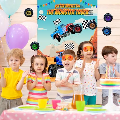 PLULON Pin The Wheels on The Truck Party Game for Kids, Birthday Pin The Tail Games Big Poster with Tyres Stickers for Car Theme Party Favors Decorations Boys Birthday Party Supplies - style: Truck