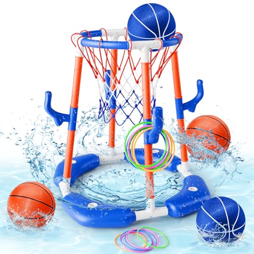 AIGIMU Pool Basketball Hoop, 2-in-1 Floating Pool Toys Ring Game with 4 Balls and Pump, Outdoor Swimming Pool Games for Kids Adults Water Basketball for Pool Basketball Games for Outdoor Indoor Play