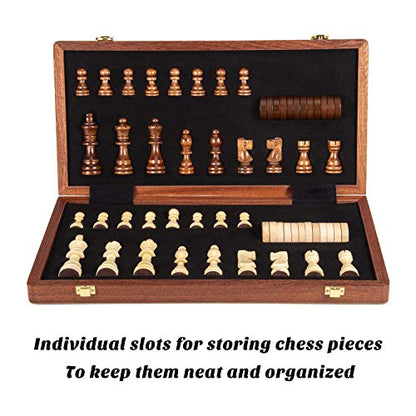 AMEROUS 15 Inches Magnetic Wooden Chess & Checkers Set (2 in 1) - Folding Board -Gift Box Packed -24 Cherkers Pieces -2 Extra Queens, Beginner Chess Set for Kids and Adults