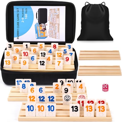 Rummy Cube 6 Player Edition with 6 Wooden Racks 160 Tiles Rummy Cube Game with Case 6 Players Travel Size Rummy Game Large Number Rummy Tiles Travel Game Set for Family Classic Board Games - style: 160 Tiles+6 Racks