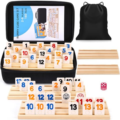 Rummy Cube 6 Player Edition with 6 Wooden Racks 160 Tiles Rummy Cube Game with Case 6 Players Travel Size Rummy Game Large Number Rummy Tiles Travel Game Set for Family Classic Board Games - style: 160 Tiles+6 Racks