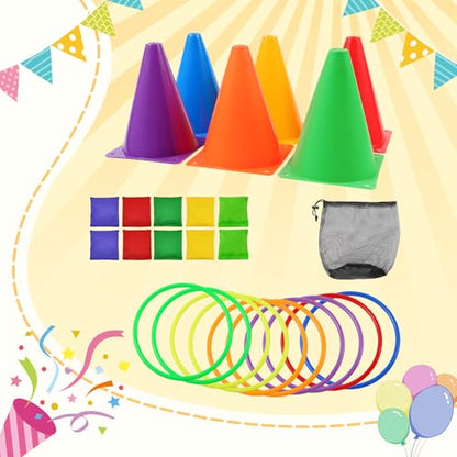 26 Pcs Colorful Ring Toss & Bean Bag Combo Set – Outdoor Carnival Games with 10 Rings, 6 Cones (7.1″), 10 Bean Bags – Backyard Throwing Games for Kids Adults Birthday Party, Field Day, School Festival