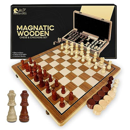 Magnetic Chess Set with Checkers - 15" (2 in 1) Folding Wooden Chess Sets for Adults & Kids with 2 Extra Queens | Travel Chess Board Game Set with Chess Pieces Storage Slots, Luxury Gift with Storage