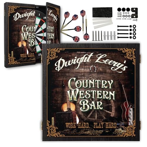 Personalized Dart Board Cabinet Set with 6 Steel Tip Darts, Paper Dartboard, Chalk & Eraser (21.5 x 21.5 x 2.75) - Man Cave Dart Boards for Adults - style: Country Western Bar