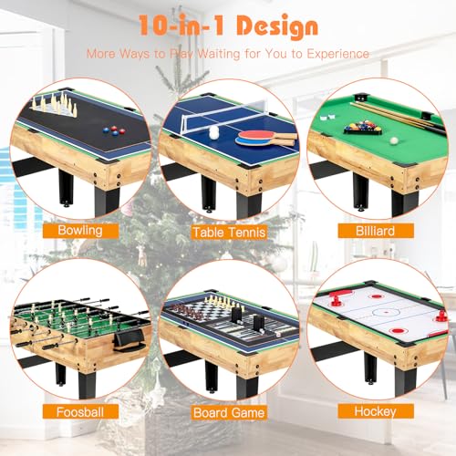GYMAX Multi Game Table, 10 in 1 Combo Game Table w/Foosball Table, Hockey, Pool Table, Ping Pong, Shuffleboard, Bowling & 4 Board Games, Game Tables for Game Room, Home, Family - color: Natural